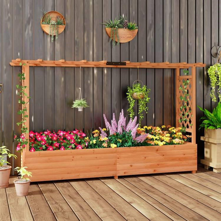 Solid Fir Wood Rectangle Raised Garden Bed with Side Trellis FastFurnishings