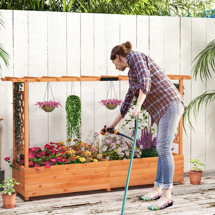 Solid Fir Wood Rectangle Raised Garden Bed with Side Trellis FastFurnishings
