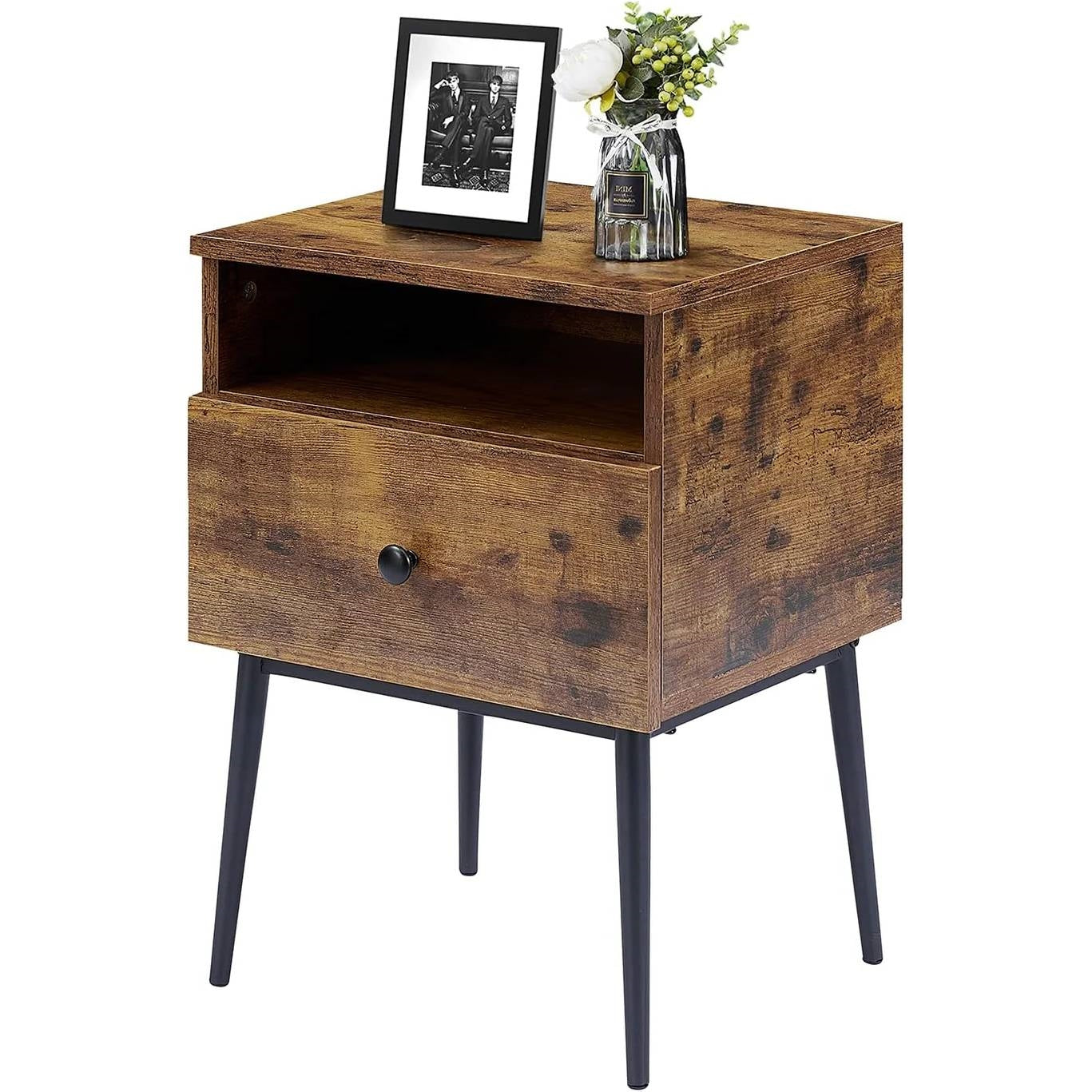 Set of 2 - Mid Century Modern Side Table Nightstand in Brown Black Wood Finish-1