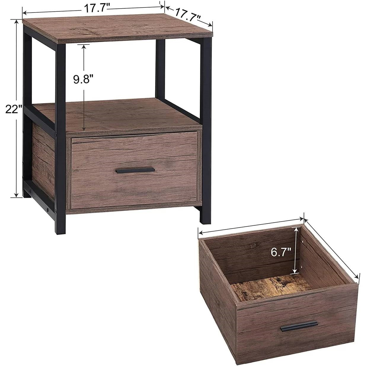 Set of 2 - Modern Metal Wood Side End Table Nightstand with Storage Drawer-4