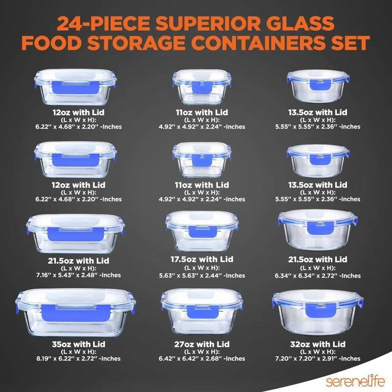 24-Piece Glass Food Storage Container Bakeware Set with Snap Locking Lids FastFurnishings