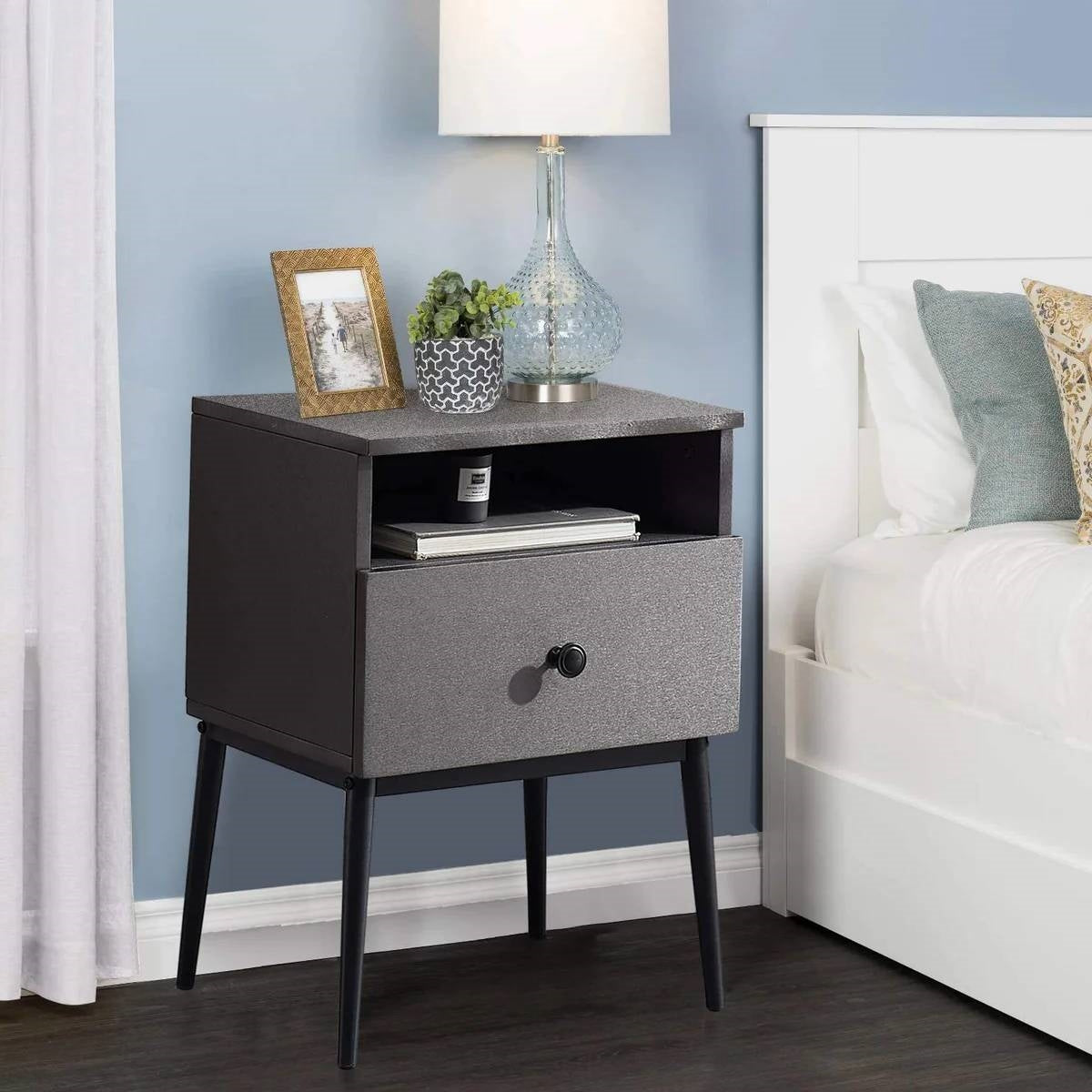 Set of 2 - Mid Century Modern Side Table Nightstand in Grey Black Wood Finish-1