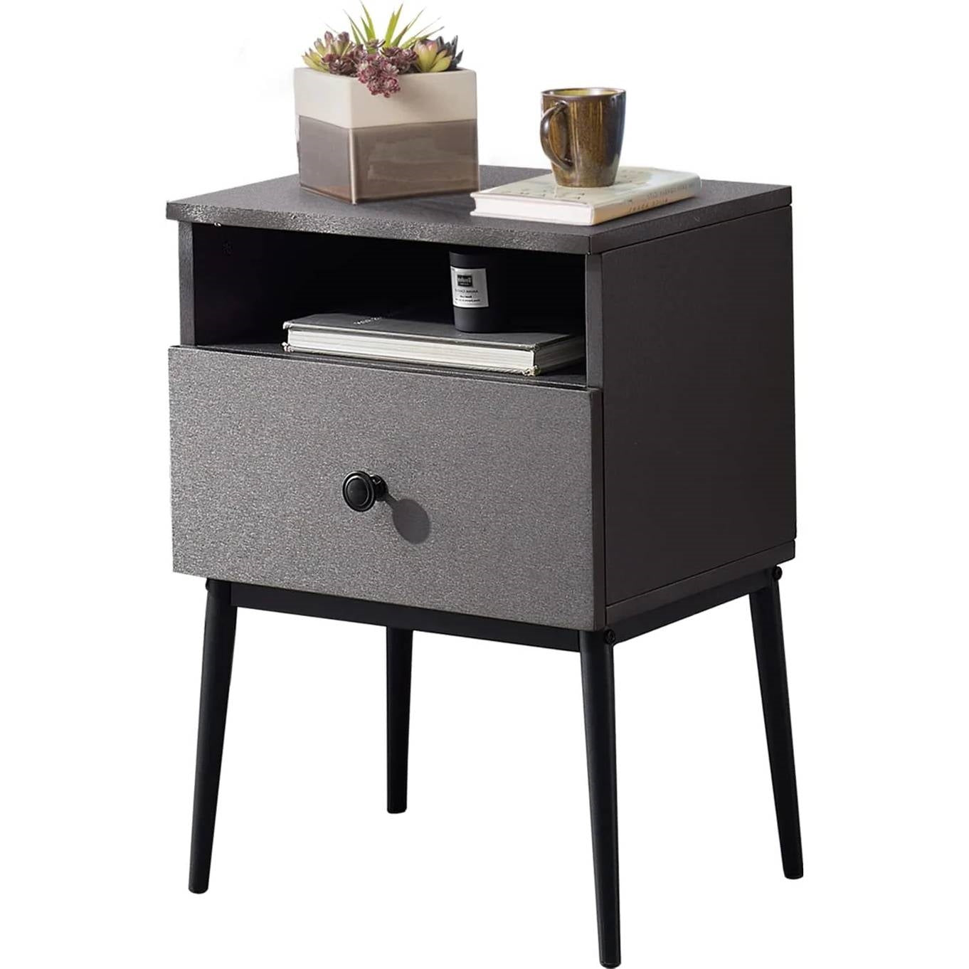 Set of 2 - Mid Century Modern Side Table Nightstand in Grey Black Wood Finish-2