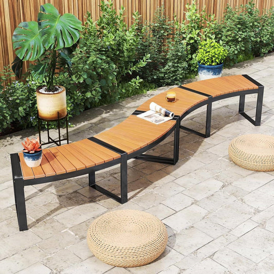 Set of 2 - Outdoor Metal Wood Backless Garden Bench with Modern Curved Design FastFurnishings