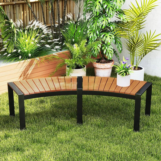 Set of 2 - Outdoor Metal Wood Backless Garden Bench with Modern Curved Design FastFurnishings