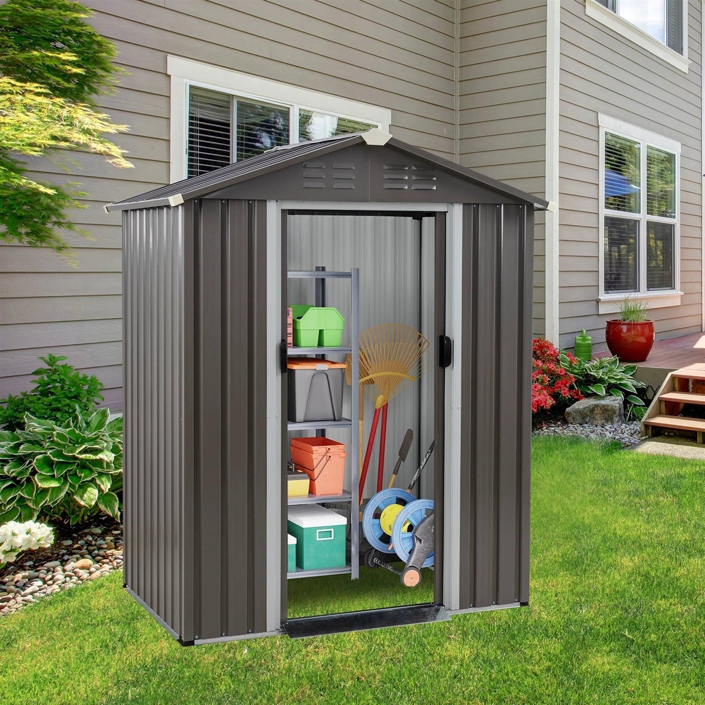 5 x 3 ft. Outdoor Grey Metal Garden Storage Shed FastFurnishings