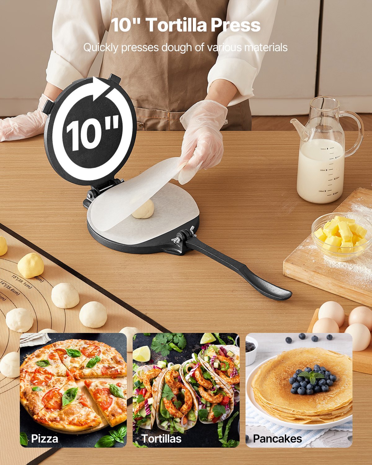 Tortilla Press, 10 Inch Cast Iron Tortilla and Roti Maker, Heavy Duty Tortilladora Press, Pataconera Makers with Handle and 100 Pcs Parchment Paper, Dough Taco Press for Flour Tortilla, Tawa W2B