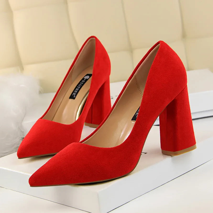 Summer Women 8.5cm High Heels Pumps Escarpins Elegant Sweet Lady Wedding Block Square Middle Heels Flock Suede Nightclub Shoes Pi-Mart