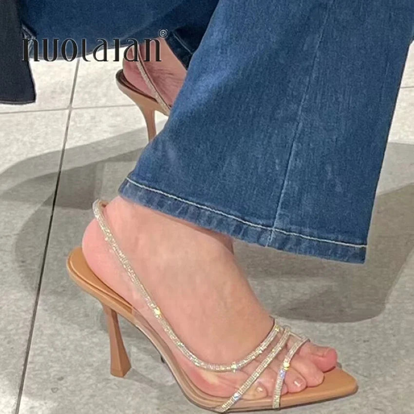 Fashion Women Pumps Sandals Summer Sexy Slingback High Heels Rhinestones Elegant Pointed Toe Transparent PVC Party Wedding Shoes Pi-Mart