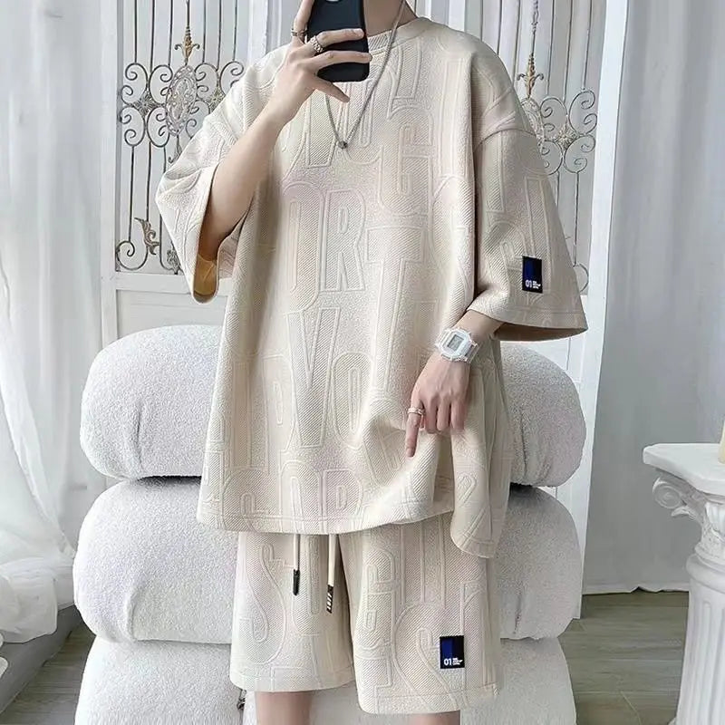 2026 3D Men's new Waffle TZ30 Summer Suit  Casual T-shirt + Shorts Suit Men's Tracksuit Solid color tracksuit loose suit Pi-Mart