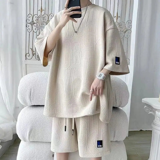 2026 3D Men's new Waffle TZ30 Summer Suit  Casual T-shirt + Shorts Suit Men's Tracksuit Solid color tracksuit loose suit Pi-Mart