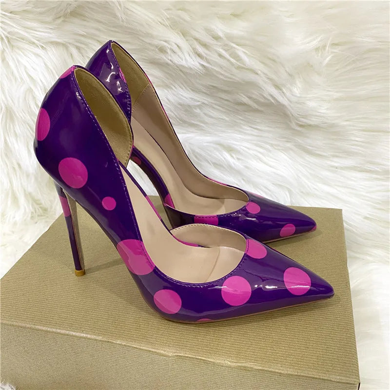 Veowalk Polka Dot Women Purple D'Orsay Side Cut Pointed Toe Stiletto Pumps Comfortable Elegant 8cm 10cm 12cm High Heel Shoes Pi-Mart