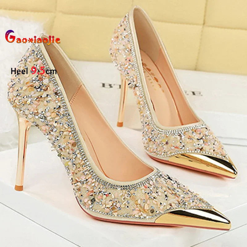 Shiny Crystal Apricot High Heels 9.5cm Women's Shoes Thin Heels Metal Pointed Ladies Pumps Shallow Slip On Stiletto Party Shoes Pi-Mart