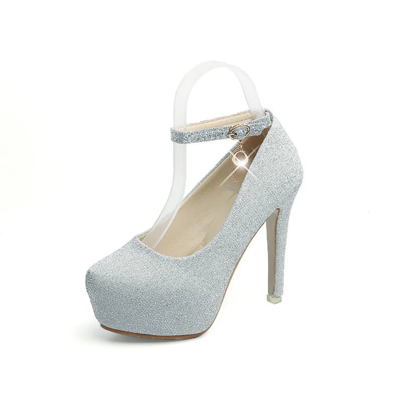 Fashion Wedding Shoes Women High Heels Women Pumps Bride Shoes Platform Super High Heel 12cm Black Silver A2177 Pi-Mart