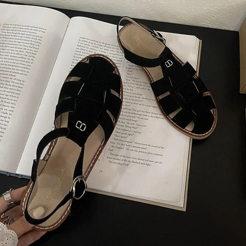 DIMANYU Women's Roman Sandals 2023 Summer New Flat Retro Real Leather Ladies Sandals Hollowed Women's Cage Shoes LadyShow.Store