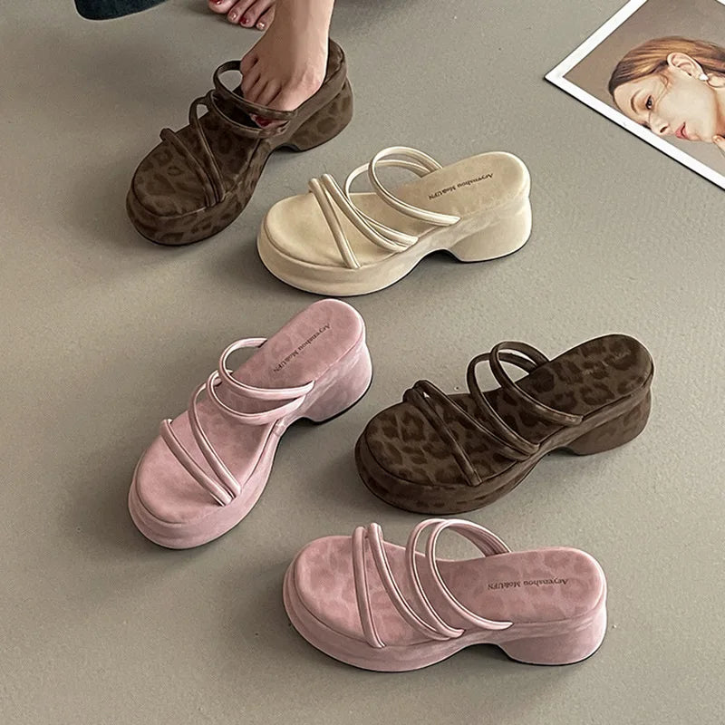 Summer Platform Heel Women Slippers Fashion Open Toe Narrow Band Slide Ladies Elegant Street Style Shoes Fashion Sandals Slides LadyShow.Store