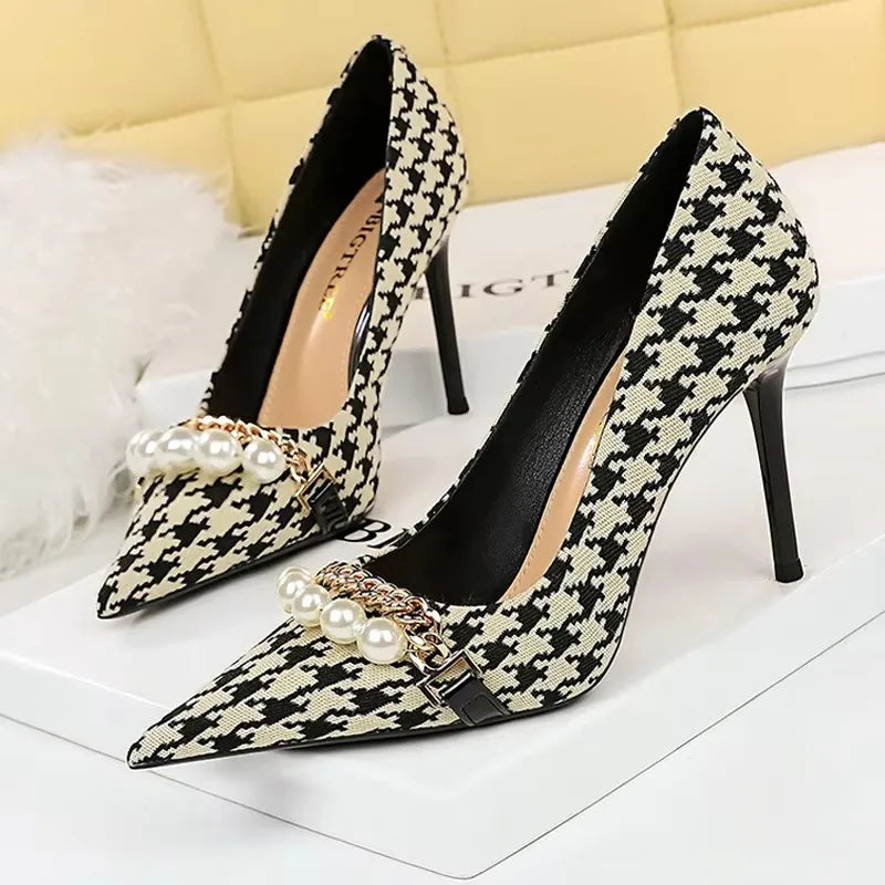 BIGTREE Shoes 2026 Spring Women Pumps Pearl Metal Chain High-heels Checked Grain Stilettos Women Heels Luxury Banquet Shoes 43 Pi-Mart