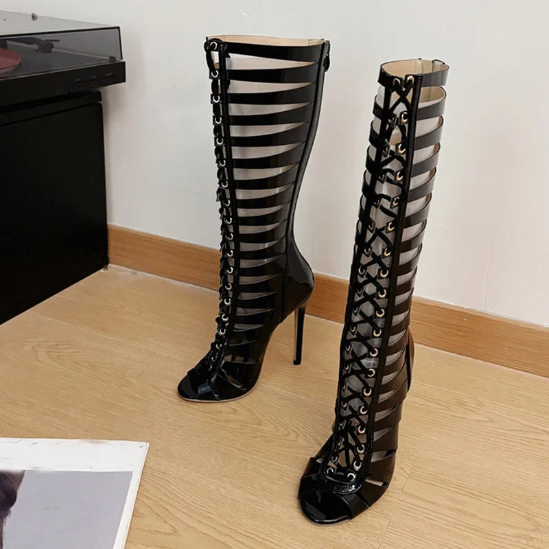 Liyke Fashion Hollow Out Cross Strap Knee High Boots Sandals Women Zip Sexy Peep Toe Stripper Heels Shoes Female Long Booties LadyShow.Store