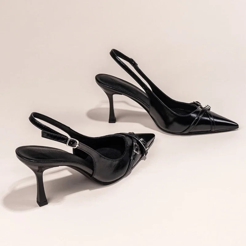 Fashionable Pointed Toe Shallow Mouth New High-heeled Shoes Summer Elegant Buckle Decorated Stiletto Black Women's Shoes NO:602 LadyShow.Store