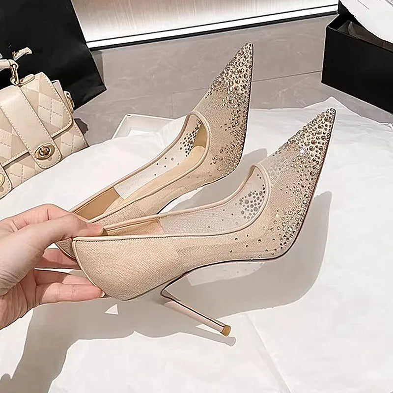 Women's high heels and single shoes for spring and summer  new mesh diamond fashion banquet pointed women's shallow mouth shoes Pi-Mart