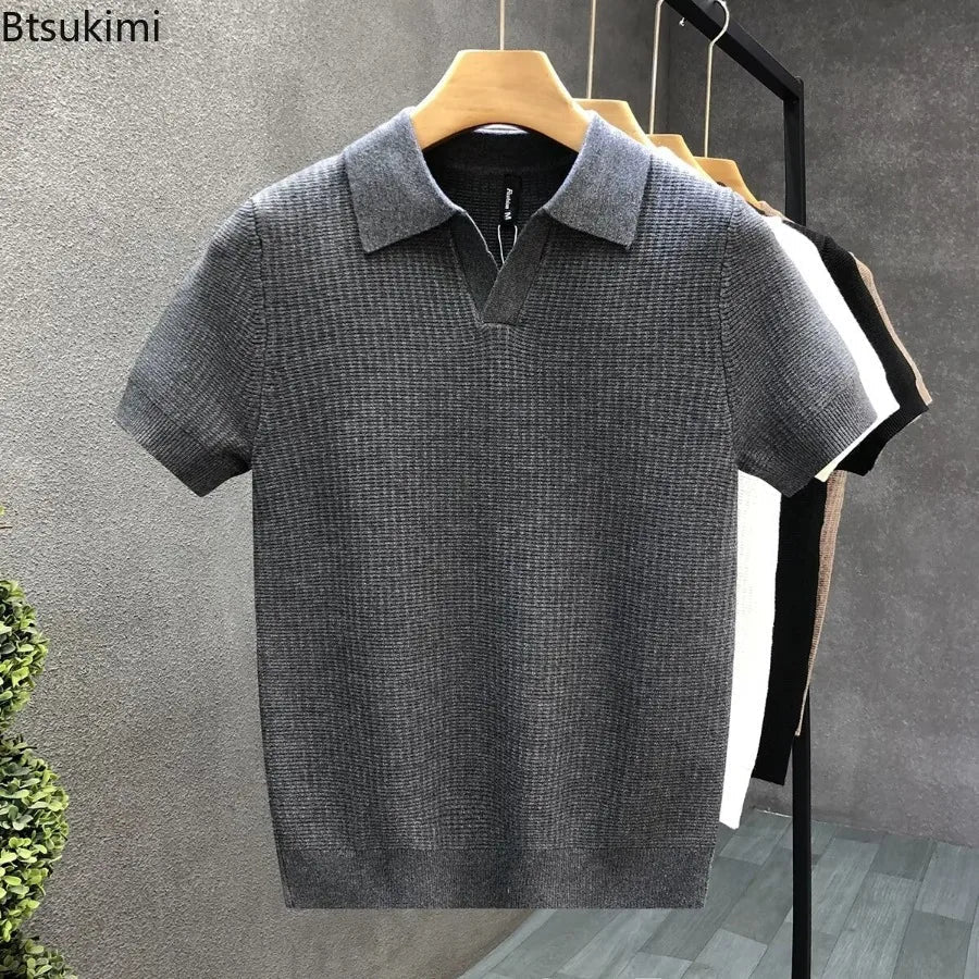 2026 Men's Summer Polo Shirt Korean Style Slim Wrinkle Resistant Collar Solid Color T-Shirts Casual Thin Sleeve Trendy Knit Tops Pi-Mart