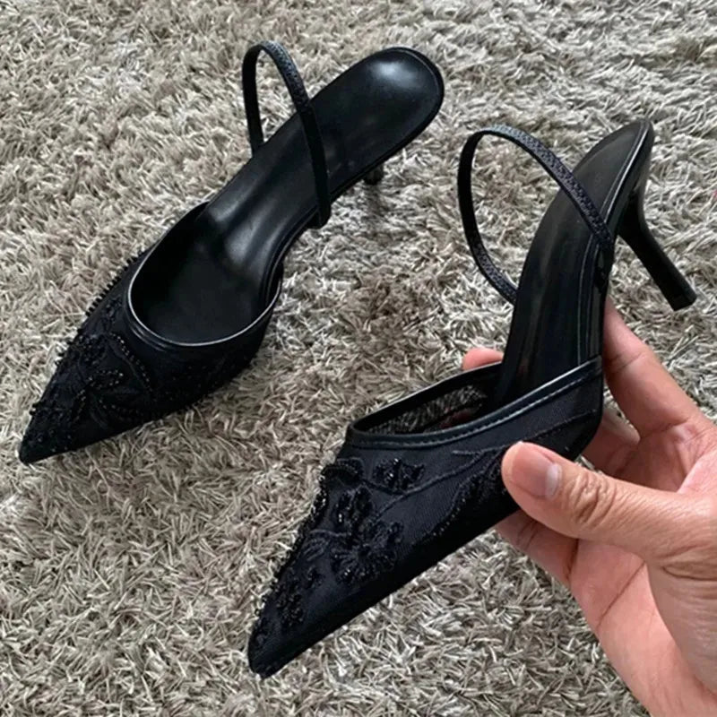 Sexy Pointed Toe Mesh Embroider High Heels for ladies Elegant String Bead pumps Summer Luxury Designer Shoe Brown Heeled Sandals LadyShow.Store