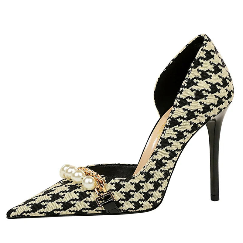 BIGTREE Shoes 2026 Spring Women Pumps Pearl Metal Chain High-heels Checked Grain Stilettos Women Heels Luxury Banquet Shoes 43 Pi-Mart