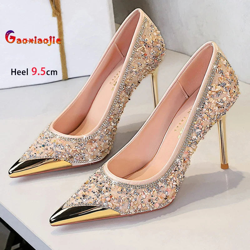 Shiny Crystal Apricot High Heels 9.5cm Women's Shoes Thin Heels Metal Pointed Ladies Pumps Shallow Slip On Stiletto Party Shoes Pi-Mart