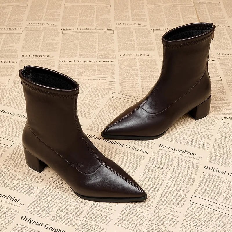 Fashion Vintage Thick Heels Women Slim Ankle Boots Autumn Winter Pointed Toe Stripper Party Short Booties Zapatos De Mujer LadyShow.Store