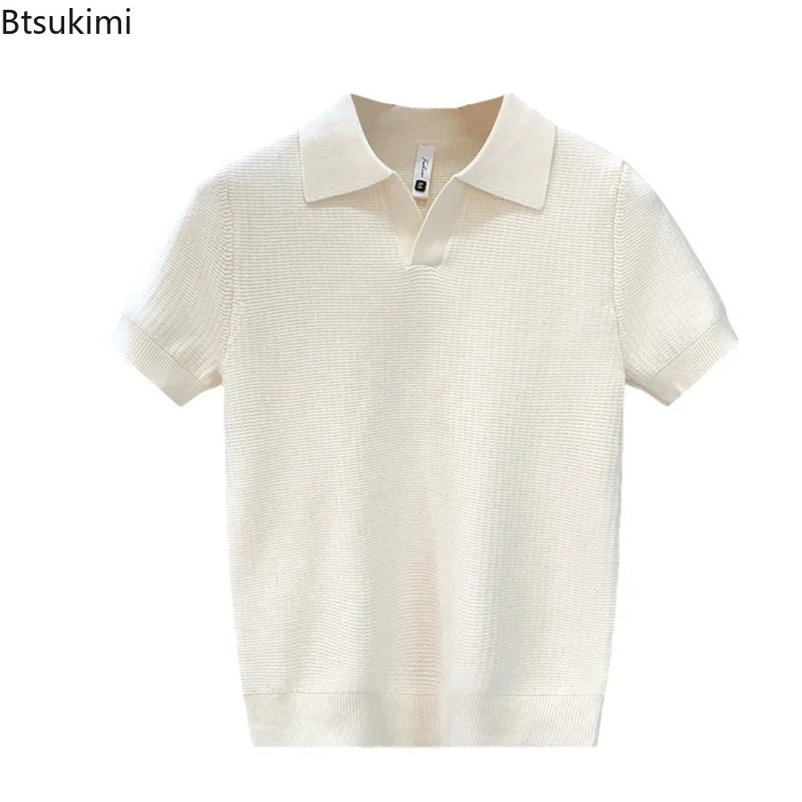 2026 Men's Summer Polo Shirt Korean Style Slim Wrinkle Resistant Collar Solid Color T-Shirts Casual Thin Sleeve Trendy Knit Tops Pi-Mart