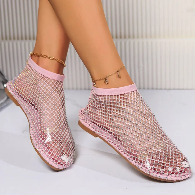 New Women's Luxury Brand Round Toe Flat Bottom Sandals Summer Hollow Short Boots Water Diamond Sexy Flat Bottom Shoes Sandals LadyShow.Store