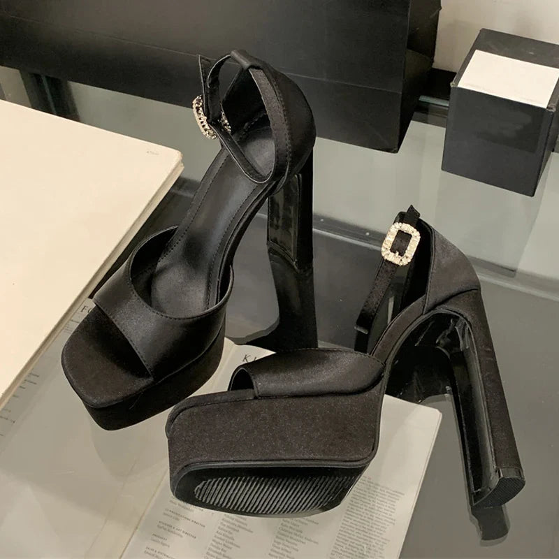 Liyke Runway Style Black High Heels Platform Sandals For Women Cozy Silk Square Toe Buckle Strap Lady Party Dress Shoes Size 40 LadyShow.Store