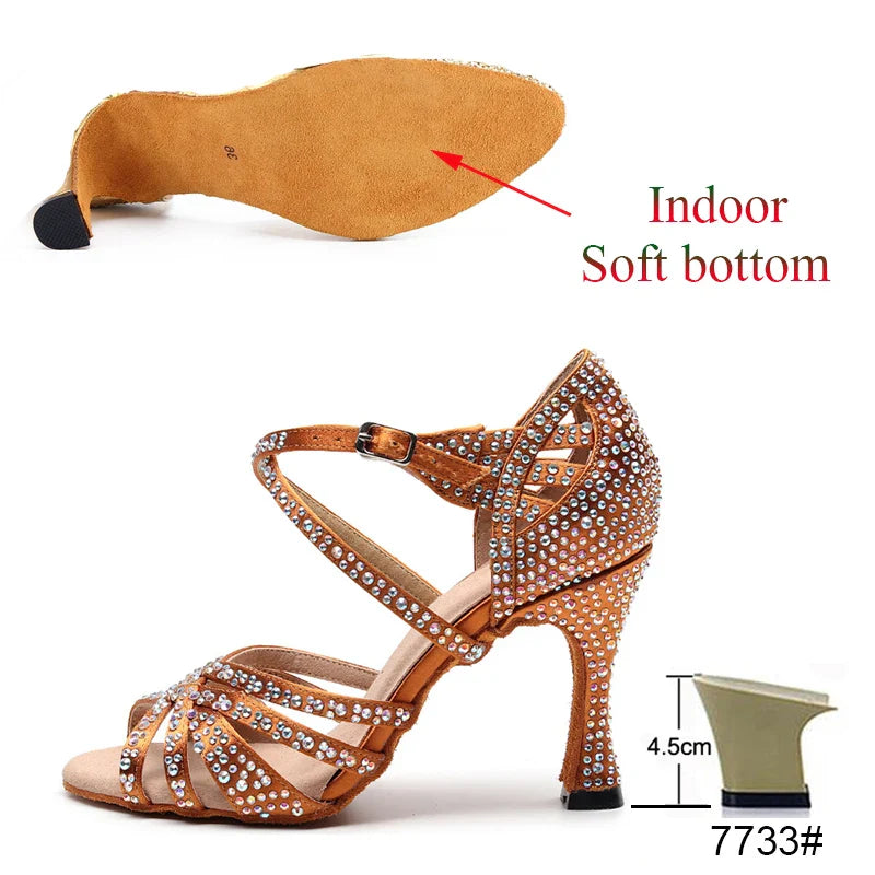 Latin Dance Shoes Ladies Salsa Tango Sneakers Training Dance Shoes High Heel Sandals Summer Square Dance Shoes Bronze Black LadyShow.Store