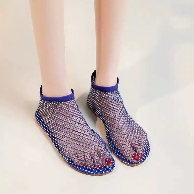 Luxury brand Women's New Round Toe Flat Bottom Slippers Hollow Short Boots Water Diamond Sexy Flat Bottom Banquet  Sandals LadyShow.Store