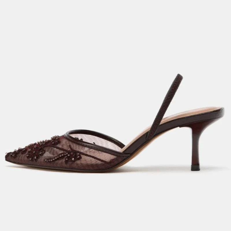 Sexy Pointed Toe Mesh Embroider High Heels for ladies Elegant String Bead pumps Summer Luxury Designer Shoe Brown Heeled Sandals LadyShow.Store