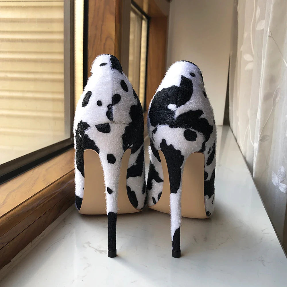 Tikicup Cow Print Women White Hairy Flock Pointy Toe High Heel Shoes Sexy Celebrity Ladies Slip On Stiletto Pumps for Party Pi-Mart