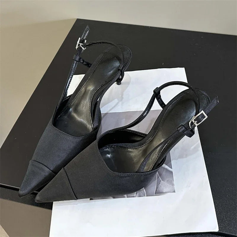 Eilyken High Quality Satin Buckle Strap Women Pumps Sandals Fashion Shallow Thin Heels Pointed Toe Slingback Mules Shoes Pi-Mart