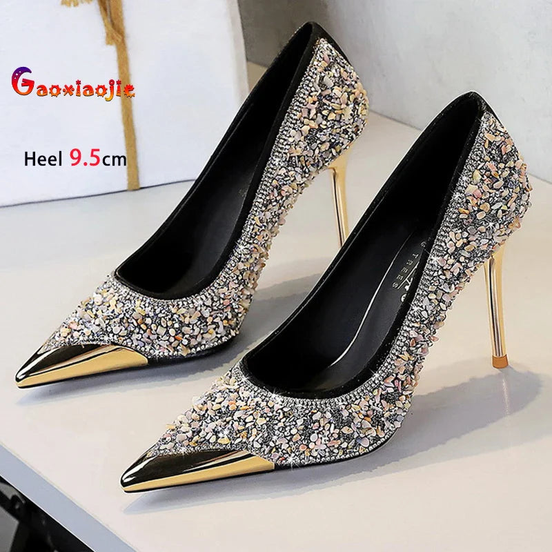 Shiny Crystal Apricot High Heels 9.5cm Women's Shoes Thin Heels Metal Pointed Ladies Pumps Shallow Slip On Stiletto Party Shoes Pi-Mart