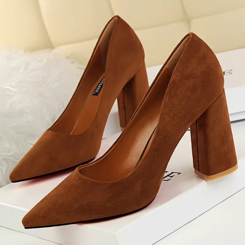 Summer Women 8.5cm High Heels Pumps Escarpins Elegant Sweet Lady Wedding Block Square Middle Heels Flock Suede Nightclub Shoes Pi-Mart