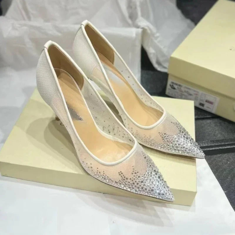 Women's high heels and single shoes for spring and summer  new mesh diamond fashion banquet pointed women's shallow mouth shoes Pi-Mart