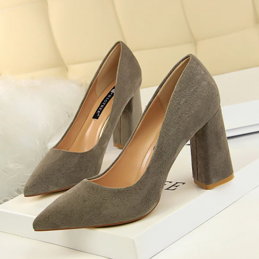 Summer Women 8.5cm High Heels Pumps Escarpins Elegant Sweet Lady Wedding Block Square Middle Heels Flock Suede Nightclub Shoes Pi-Mart