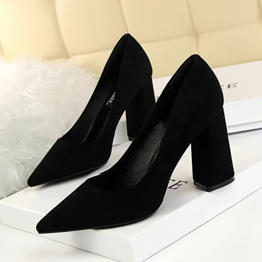 Summer Women 8.5cm High Heels Pumps Escarpins Elegant Sweet Lady Wedding Block Square Middle Heels Flock Suede Nightclub Shoes Pi-Mart