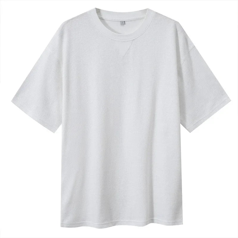 2026 New Men's Summer T Shirt 220g Waffle Round Neck T-shirt Solid Color Loose Simple Short Sleeve Top T Shirts Pi-Mart