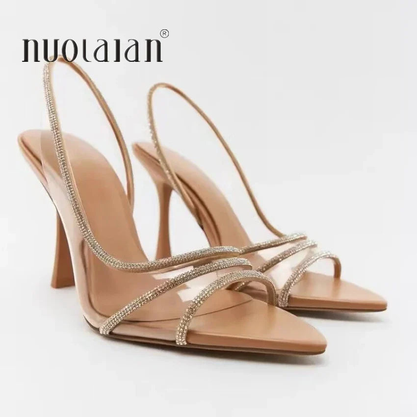 Fashion Women Pumps Sandals Summer Sexy Slingback High Heels Rhinestones Elegant Pointed Toe Transparent PVC Party Wedding Shoes Pi-Mart