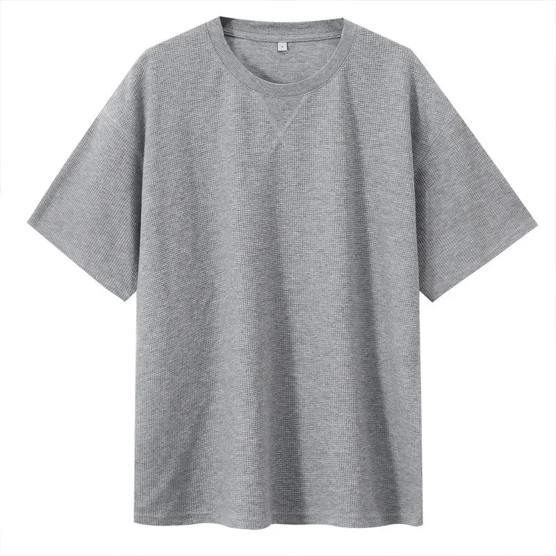 2026 New Men's Summer T Shirt 220g Waffle Round Neck T-shirt Solid Color Loose Simple Short Sleeve Top T Shirts Pi-Mart