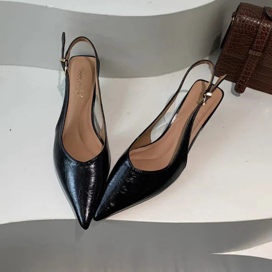 SUOJIALUN Summer New Women Sandal Fashion Pointed Toe Shallow Slip On Ladies Elegant Slingback Shoes Thin Med Heel Dress Mules LadyShow.Store