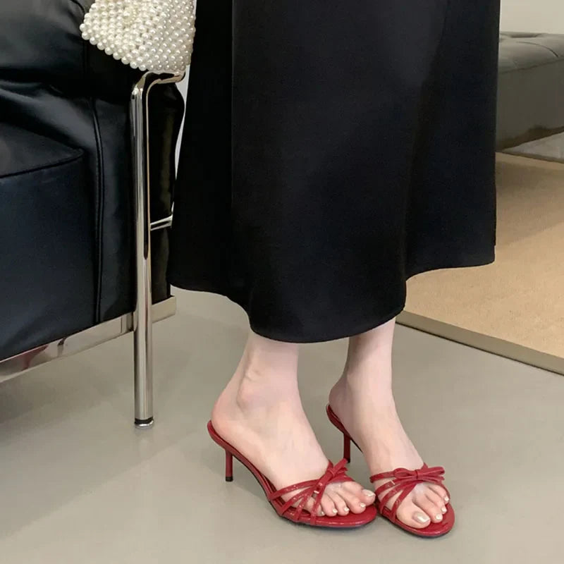 Women Thin Heels Sandals Slides Shoes Butterfly-Knot Footwear Fashion Round Toe Ladies High Heels Shoes Female Sandals Pumps Pi-Mart