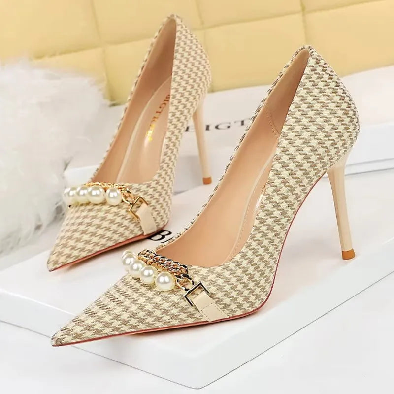 BIGTREE Shoes 2026 Spring Women Pumps Pearl Metal Chain High-heels Checked Grain Stilettos Women Heels Luxury Banquet Shoes 43 Pi-Mart