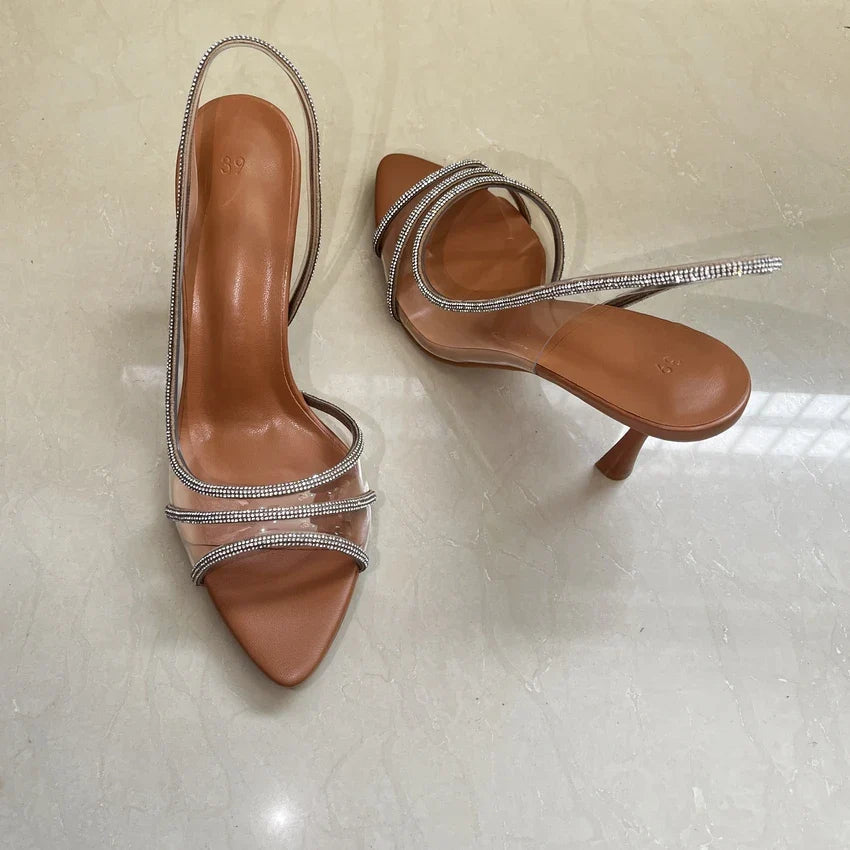 Fashion Women Pumps Sandals Summer Sexy Slingback High Heels Rhinestones Elegant Pointed Toe Transparent PVC Party Wedding Shoes Pi-Mart