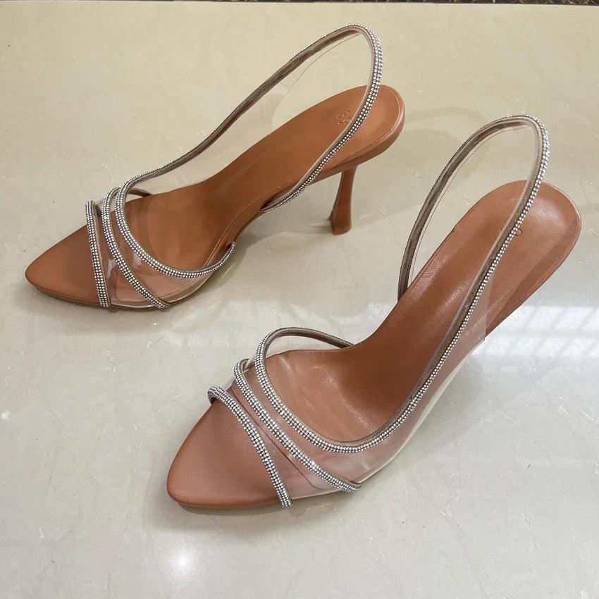 Fashion Women Pumps Sandals Summer Sexy Slingback High Heels Rhinestones Elegant Pointed Toe Transparent PVC Party Wedding Shoes Pi-Mart